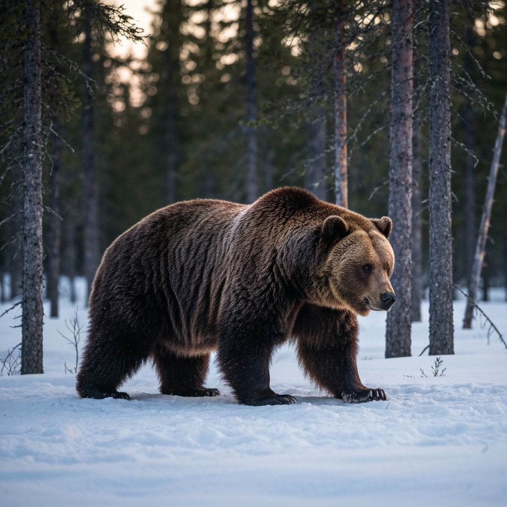 Bear walking through Nordic winter forest